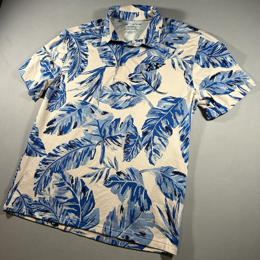 Under Armour Playoff Polo Men's XL Tropical Leaf Print Golf Shirt Loose Fit